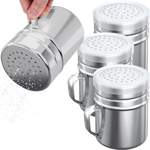 CUSINIUM 10oz Stainless Steel Salt Pepper Dredge Shakers - With Plastic Cap - With Handle - Pack of 4