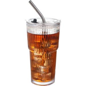 MNZZ 16oz Glass Tumbler with Lid and Straw, Reusable Iced Coffee Cup for Cold Drinks, Smoothie and Tea, Clear Drinking Cup for Home or Office Use