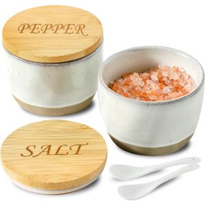 2 Pack Salt and Pepper Bowls Set, Ceramic Salt and Pepper Containers with Visible Airtight Bamboo Lid and Spoon, White Salt Pepper Holder Shakers Set, Salt Cellar Box Dish with Lid (Brown Clay)