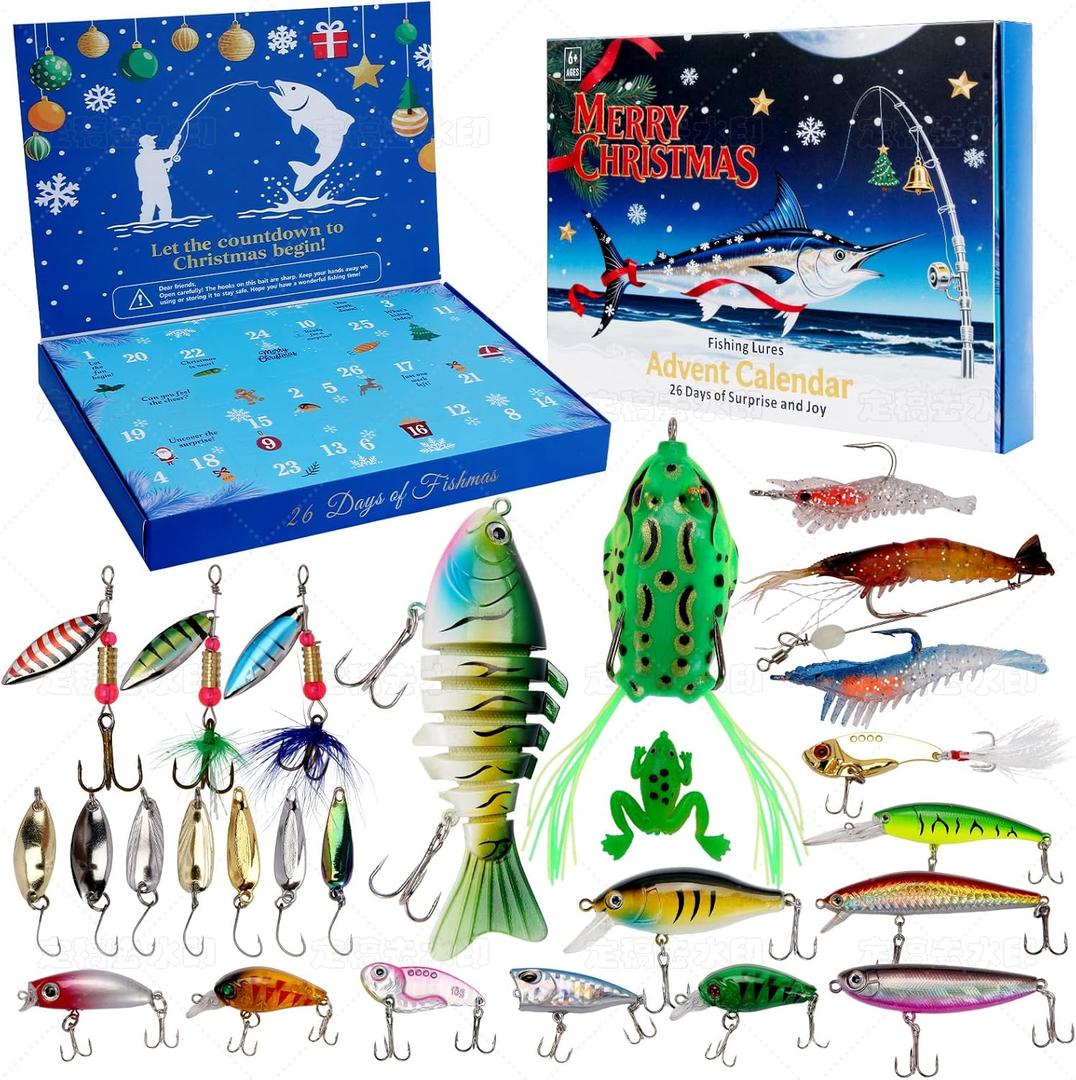 2 x 2025 Fishing Advent Calendar, Fishing Bait Set, Lure and Fish Hooks, 26 Days of Christmas Fishing Equipment, Christmas Countdown Advent Calendar, for Adult Men and Teen Boys
