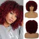 Short Wine Red Curly Wigs Human Hair with Bangs, Afro Fluffy Style, Natural Looking, Heat Resistant, Glueless, Perfect for Daily Wear, Party, and Cosplay (14 Inch)