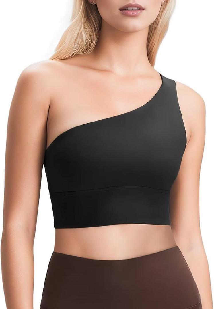 QUEENIEKE Womens One Shoulder Sports Bra Workout Strap Yoga Bras Cute Low Support Tops (Small, #1-black)