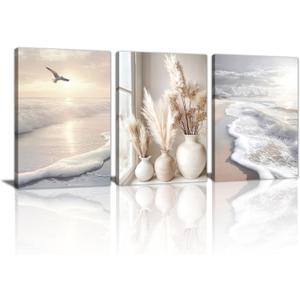 3 Pcs Beach Seaside Wall Art for Bedroom, Modern Beige Reeds Botanical Wall Picture Aesthetic Nature Coastal Sunset Landscape Wall Painting Poster Art Prints for Bedroom Office Home Decor 12"x16"x3Pcs, 16"x24"x3Pcs