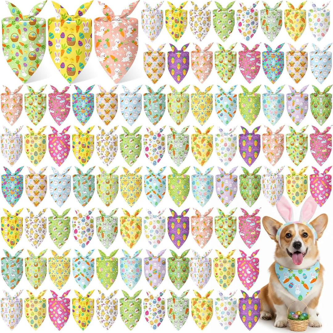 Abbylike 100 Pcs Easter Dog Bandanas Bulk Bunny Egg Carrot Bandanas for Dogs Triangle Kerchief Bibs Scarf Set for Pet Costume Easter Photo Props Accessories Pet Shops, 25 Styles (25.6 x 17.7 x 17.7)