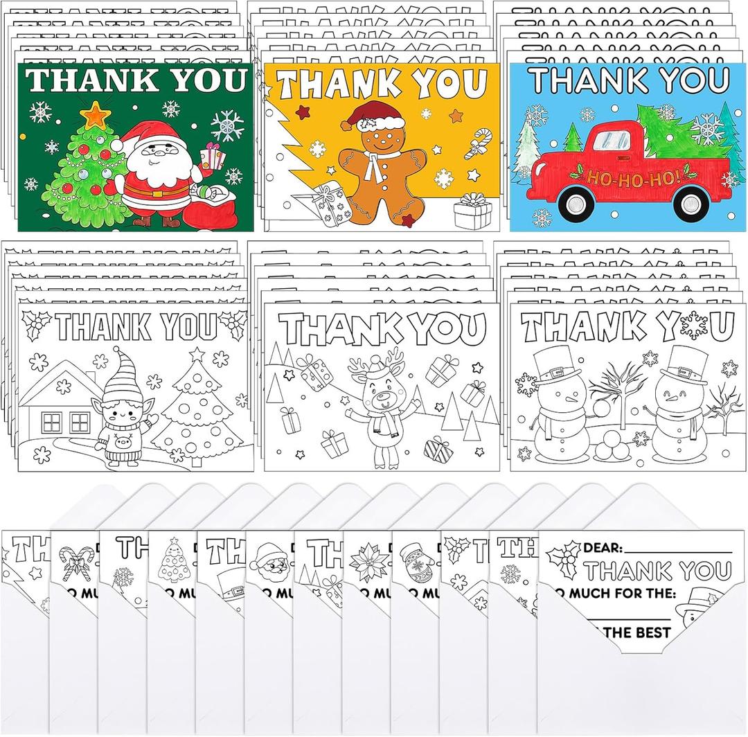 Qilery 96 Pcs Christmas Coloring Postcards with Envelopes Thank You Postcards DIY Craft Kit for Kids 5" x 7" Coloring Merry Christmas Greeting Cards Fill in The Blank Holiday for Kid Student Adult