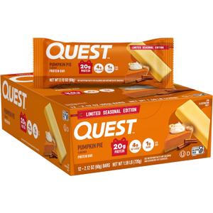Quest Nutrition Pumpkin Pie Protein Bar, 20g Protein, 4g Net Carb, 1g Sugar, Gluten Free, 12 Count, Best By: 06/18/26