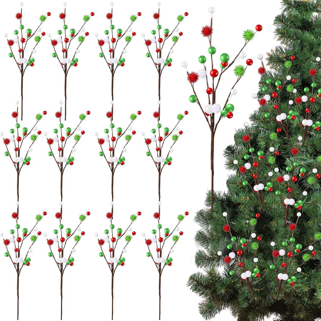 Hotop 16 Inch Christmas Tree Picks Decorations Red Green Christmas Ornaments Xmas Floral Branches and Ball Picks Decoration for Holiday Tree Topper Decor(Classic,12 Pcs)