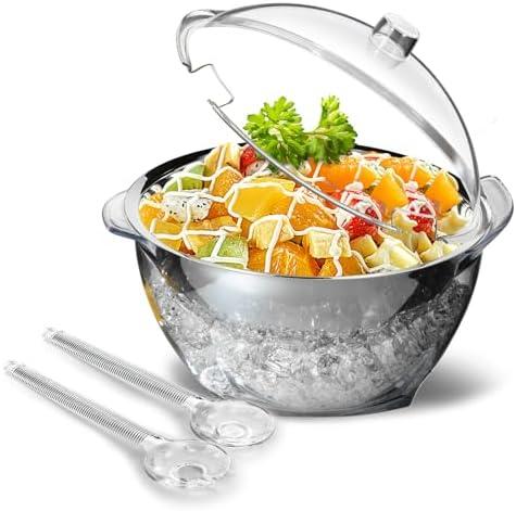 MHEOMTME MEHOEIME Large Ice Chill Salad Bowl with Lid, Iced Serving Bowl with Ice Chiller Base For Parties, Keep Food Cold at Party, Ice Chilled Tray, Long Spoons, Extra, Clear, MH-DSLW-C3