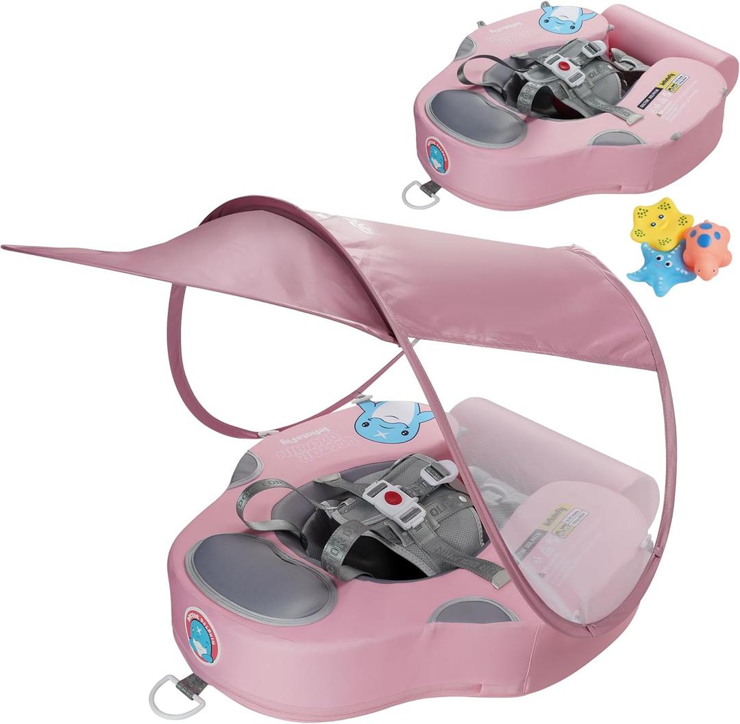Baby Swim Float with UV Protection Sunshade Infant Pool Float Add Tail for 3-24 Months (Pink)