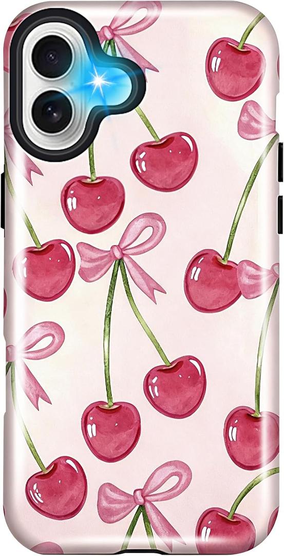 Girls Cute Case for iPhone 16, Bow Cherry Women Phone Cases | Dual-Layer Shockproof Protection