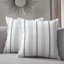 Sunlit Decorative Farmhouse Throw Pillow Case, Set of 2 Cream/Off-White with Blue Stripes Modern Accent Square 18" x 18", Textured Linen Throw Pillow Cover for Sofa Couch Chair Bedroom