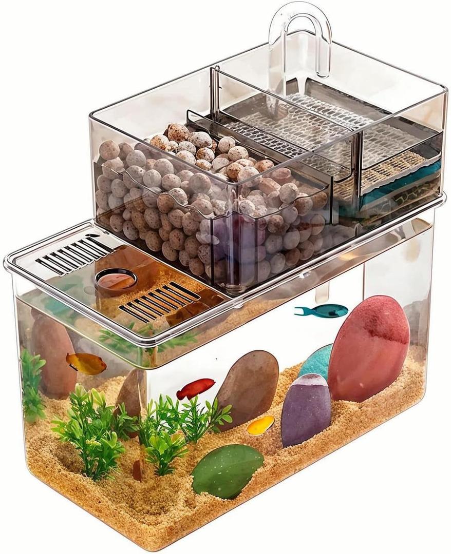 Small Fish Tank with Filter, Self Cleaning Betta Fish Tank, with Bottom Suction Silent Water Pump - Ideal for Desktop Aquariums