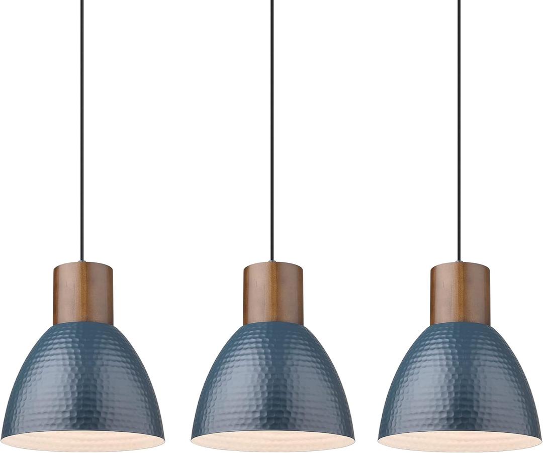 ELYONA 3 Pack Hammered Pendant Lights 7 Small Metal Solid Wood Hanging Light Fixtures Adjustable Height Industrial Pendant Lighting for Kitchen Island Dining Room Bedroom Bar Office, Modern Blue