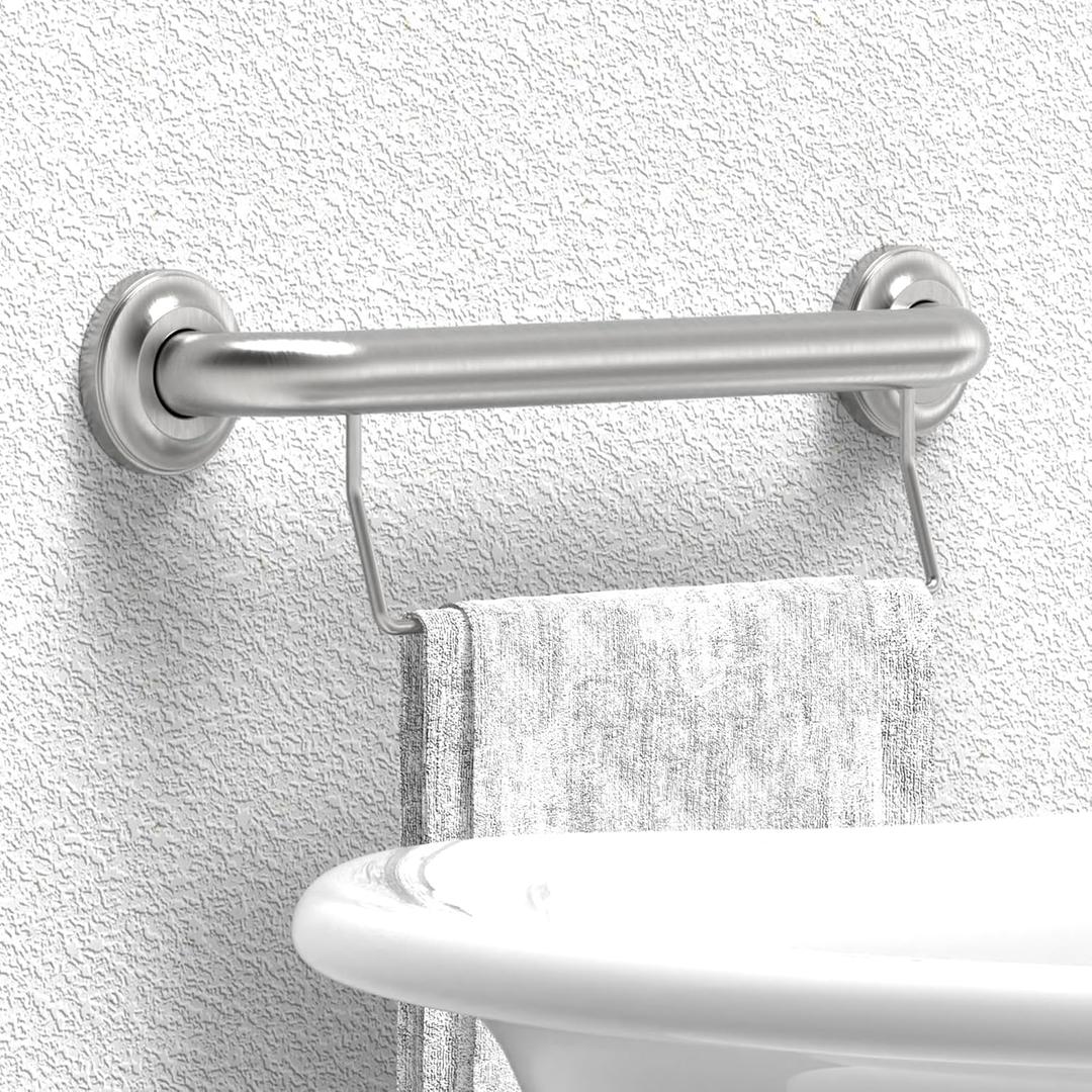 ADA Compliant Grab Handrail with Towel Bar, 500lbs Weight Support, 1-1/4 x 16 inch for Stud Mount, Brushed Nickel
