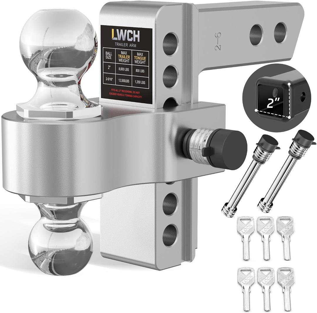 Adjustable Trailer Hitch, Fit 2 Inch Receiver, 12,500 LBS GTW, Heavy Duty Aluminium Drop Hitch with 2" & 2-5/16" Chrome Plated Steel Ball Mounts for Trucks, 6 Inch Drop/Rise, 2 Anti-Theft Pins