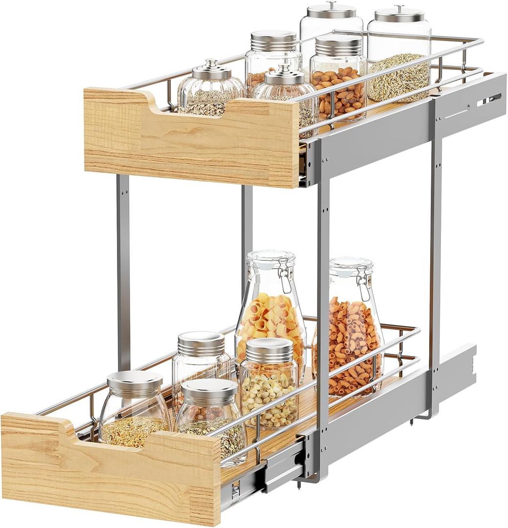 Sikarou Pull Out Cabinet Organizer, Heavy-Duty Slide Out Shelf, Wood and Wire Basket, Pull Out Drawer for Kitchen Under Sink Space, Pantry, Bathroom, 2 Tie 9 * 21 in