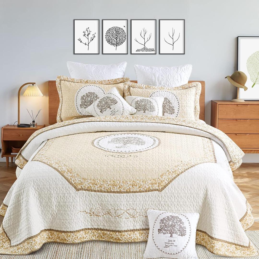 5PCS Tree of Life Quilt Set 100% Cotton Embroidery Bedspread Lightweight Coverlet Set with 2 Throw Pillow Covers for King Size Bed All Season Use, King - 5PCS