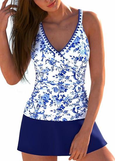 ROSEWE Two Piece Tankini Swimsuits for Women, Tummy Control Bathing Suit with Skirt, V-Neck Swimdress 18W