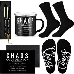 ReliThick 6 Pcs Funny Chaos Coordinator Gifts for Man Included 12 oz Enamel Mug Socks Ballpoint Pen with Pen Box Greeting Card Envelope for Office Boss Manager Employee Nurse Assistant Teacher(Black)