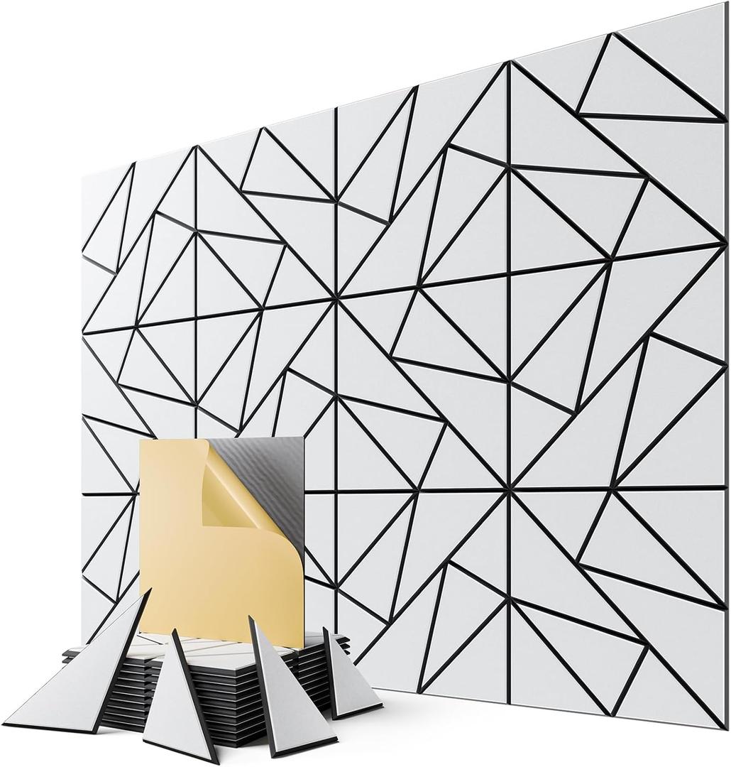 12-Pack Felt Acoustic Panels,12"x12"x0.4" Soundproof Wall Panels, Peel & Stick Sound Proof Foam Panels for Walls, Geometric Noise Reduction Panels for Home Office, Studio (White on Black)