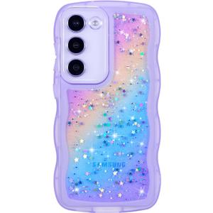 ZTOFERA for Samsung Galaxy S23 Plus 5G Case 6.6",Cute Curly Wave Case with Glitter Rainbow Star,Clear Shiny Bling Soft TPU Shockproof Phone Protective Cover for Galaxy S23 Plus-Rainbow Purple