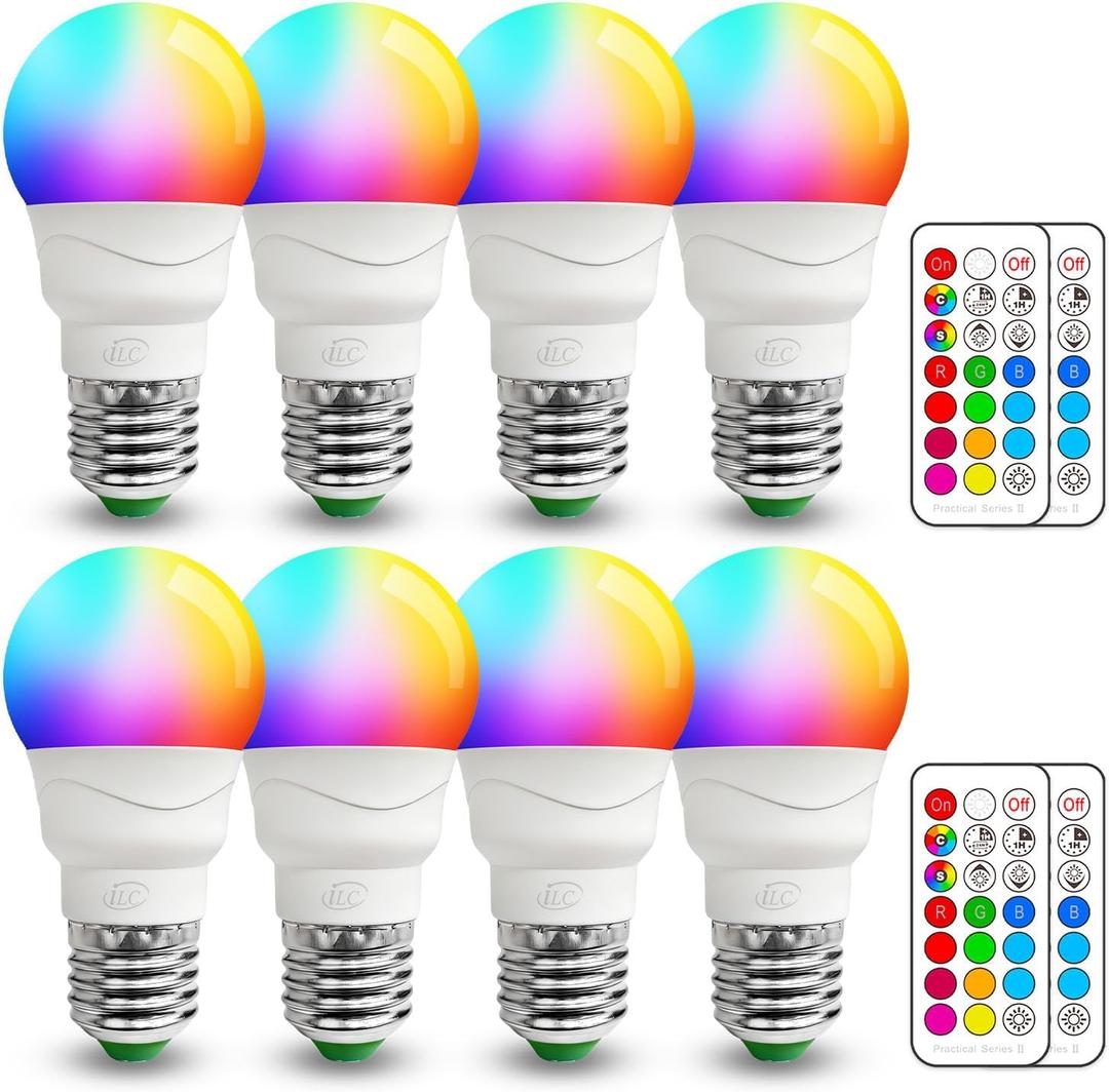 ILC RGB LED Light Bulb, Color Changing Light Bulb, 40W Equivalent, 450LM, 2700K Warm White 5W E26 Screw Base RGBW, 12 Color Choices - Timing Infrared Remote Control (8 Pack)