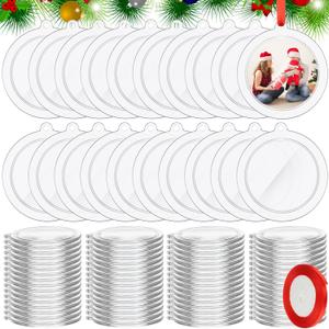 100 Pcs 2025 Christmas Clear Round Frame Ornaments with Red Ribbon, Acrylic Blank Round Photo Frame Bulk, Hanging Photo Ornaments for Christmas Tree Decoration (Classic Style)