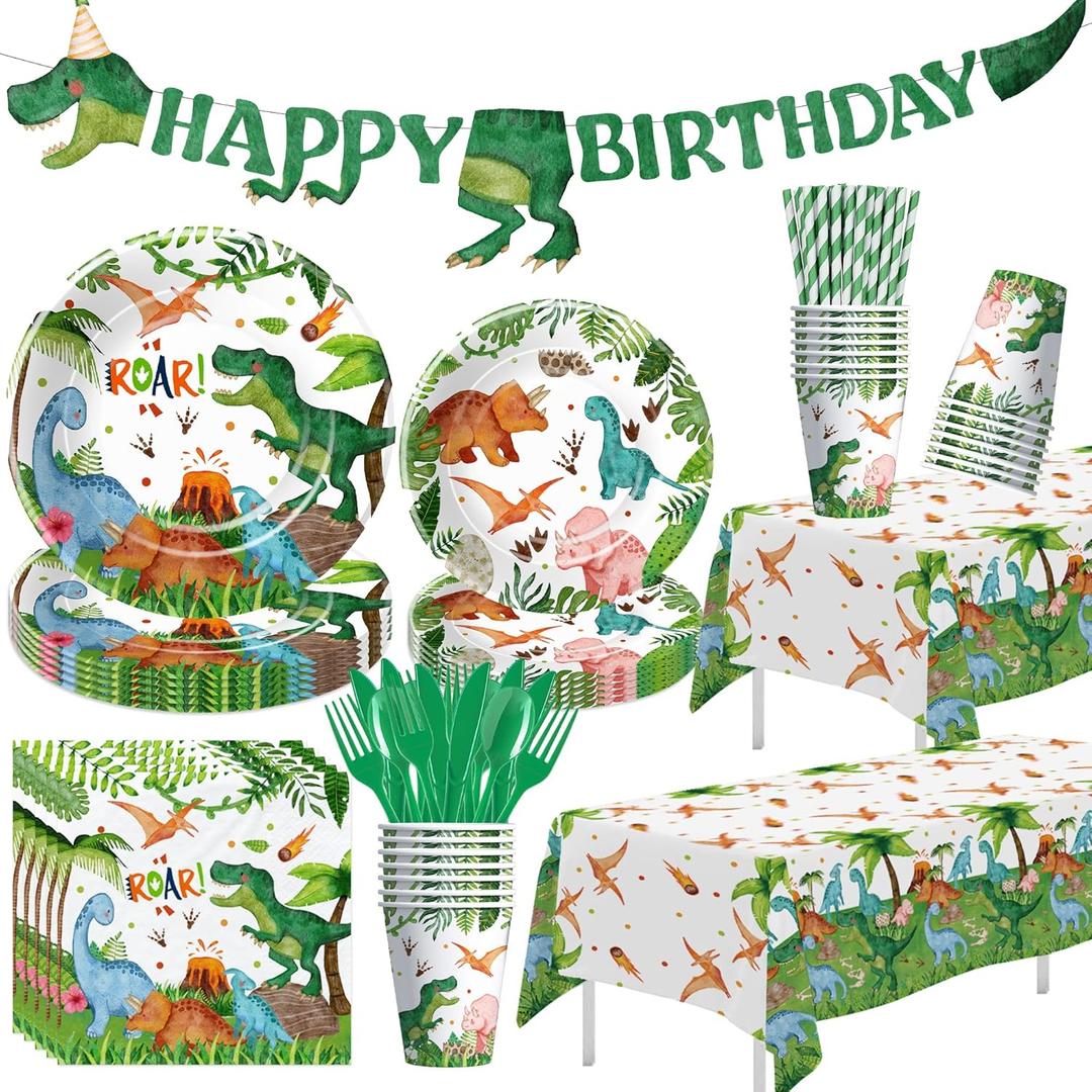 Srua Don Dinosaur Birthday Party Supplies Boy - Dino Dinosaur Birthday Decorations Tableware, Paper Plate, Cup, Napkin, Tablecloth, Disposable Cutlery, Banner, Serves 24