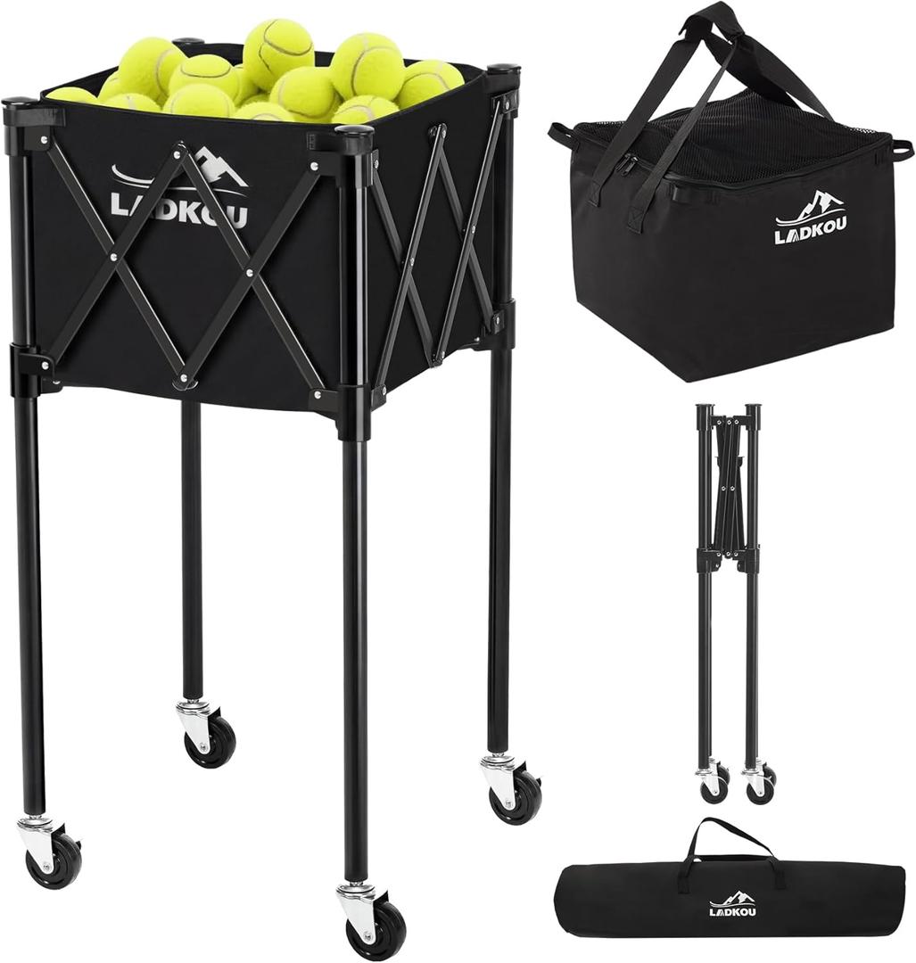 Extra Large Tennis Ball Hopper, Holds 200 Balls, Foldable Tennis Ball Basket with Wheels & Removable Bag, Lightweight Pickleball Caddy Cart for Baseball/Softball, for Training/Teaching