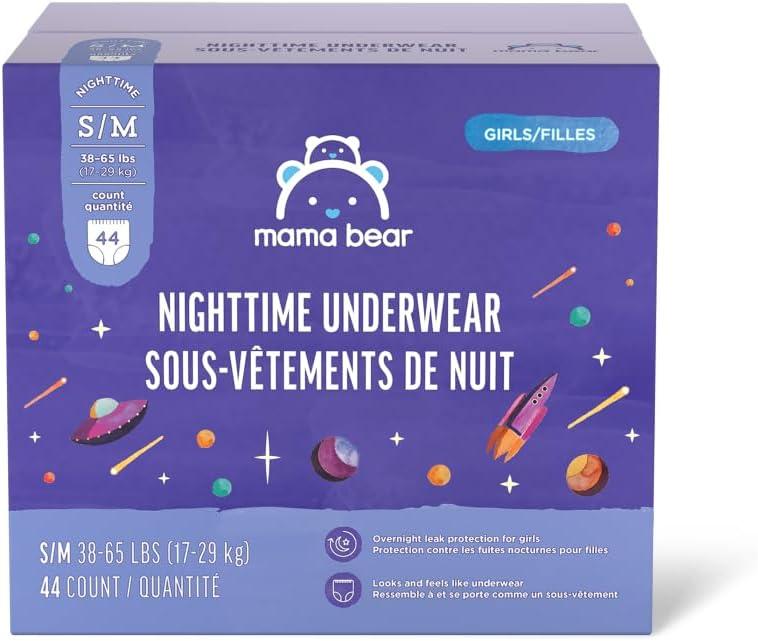 Amazon Brand - Mama Bear Girl's Nighttime Underwear for Bedwetting, Overnight Protection, Hypoallergenic, Size S/M (38-65 lbs), 44 Count, White