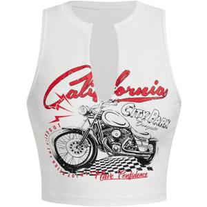 SOLY HUX Women's Letter Graphic Tank Top Notched V Neck Sleeveless Summer Crop Tops Streetwear (Medium, White Motorcycle)