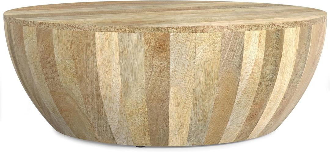 SIMPLIHOME Elmbrook Coffee Table - 34 inch Wide Solid Mango Wood Modern Industrial Round Drum Cocktail Table in Natural, Sculptural Living Room Table with Low Profile Design, Assembled