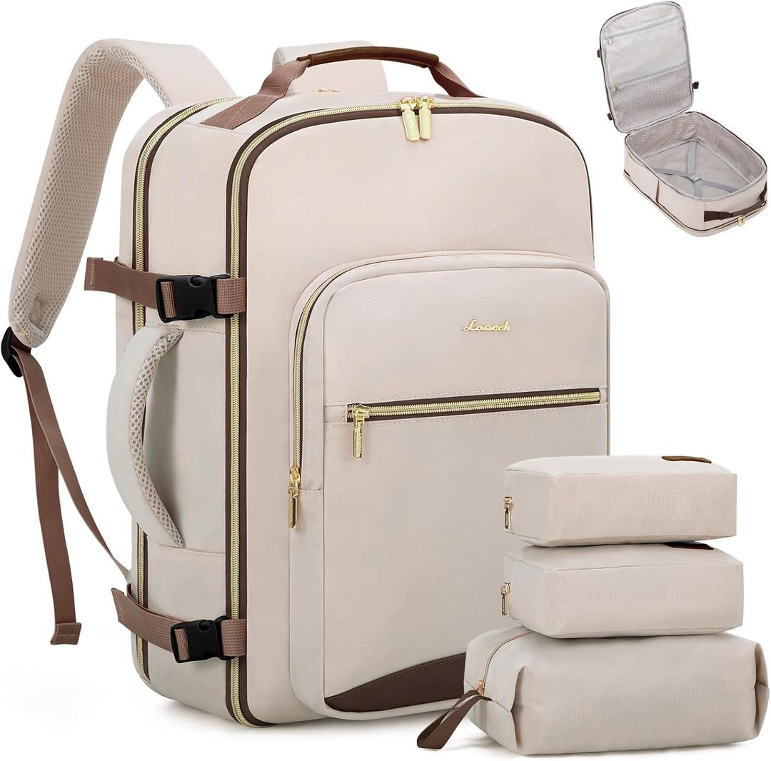 LOVEVOOK Travel Backpack for Women & Men 40L,Airline Approved Carry On Backpack Travel Essentials, TSA Carry on Luggage, Waterproof Personal Item Travel Bag, Suitcase with 3 Packing Cubes, Primary-Coffee (Large-40L-4Pcs)