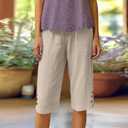 Cotton Linen Capri Pants for Women Petite Bermuda Shorts Knee Length Drawstring Pants Summer Beach Long Shorts (Beige, XL)