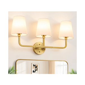 MOKATNG Bathroom Light Fixtures, 3-Light Brushed Gold Vanity Lights, Bathroom Lighting Fixtures Over Mirror with Flared White Fabric Shade, Modern Wall Sconces for Living Room Hallway