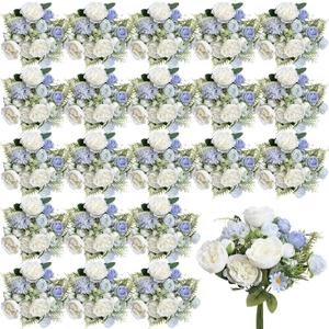 Bundles Artificial Peonies, 24 Bundles Silk Dusty Blue White Peonies with Stems Faux Peony Bundles for Summer Wedding Bouquet Home Bridal Baby Shower Party Centerpieces Vase Office
