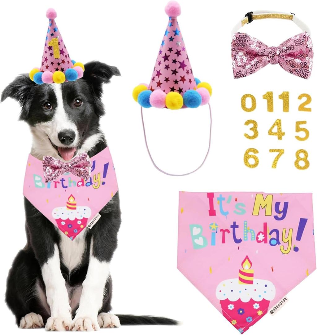 ADOGGYGO Dog Birthday Bandana Scarf and Dog Girl Birthday Party Hat with Cute Bow Tie for Medium Large Dog Pet (Large) (Pink)