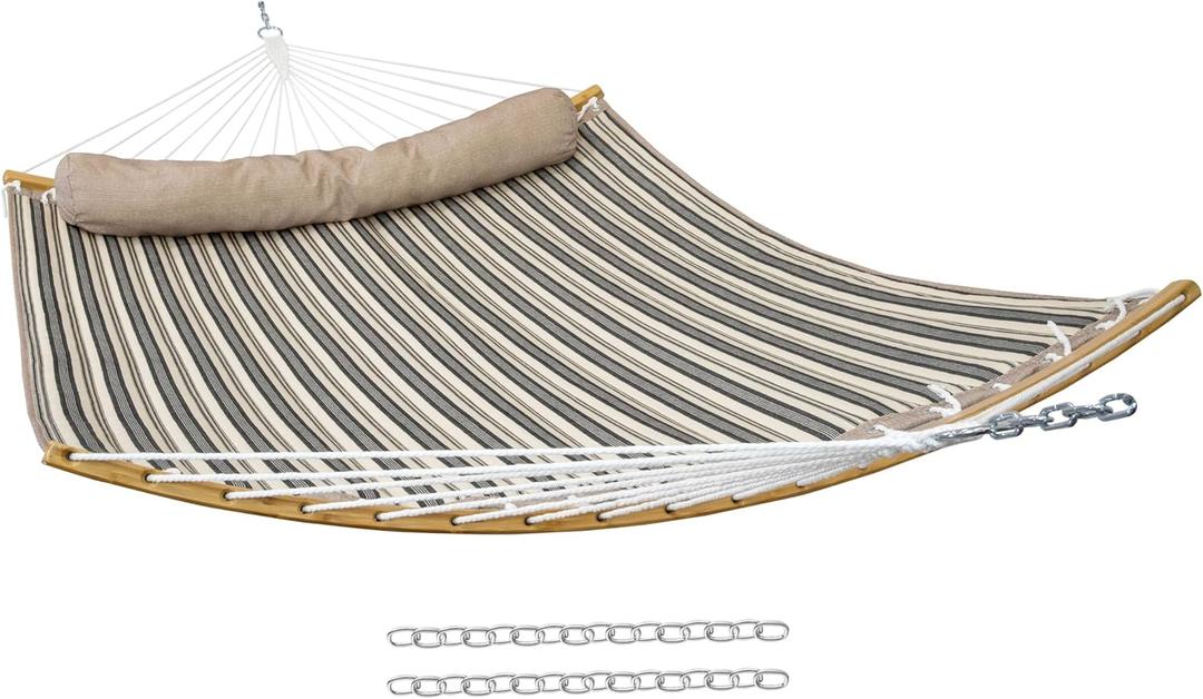 Sunnydaze Outdoor Hammock with Spreader Bar - 450-Pound Capacity Curved Spreader Bar Hammock - Neutral Stripe
