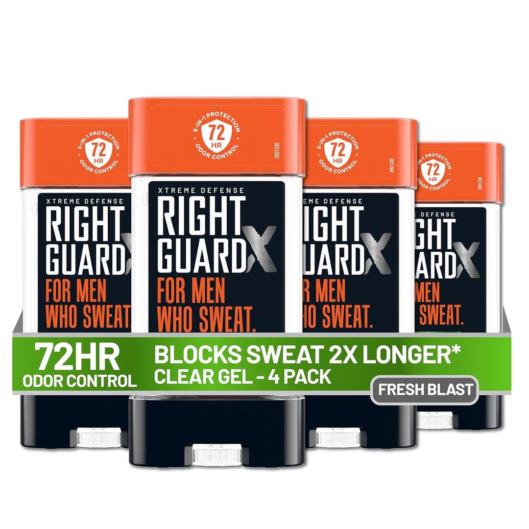 Right Guard Xtreme Defense Antiperspirant Deodorant Gel, Fresh Blast Scent - 5-in-1 Deodorant Men Can Trust, 72-Hour Odor Control, Invisible Gel for Men, 4 oz (4 Pack)