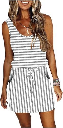 ETCYY NEW Womens Summer Striped Dresses Casual Sleeveless T Shirt Dress Drawstring Waist Sundress with Pockets, S