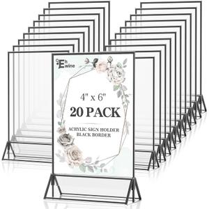 EHWINE 20 Pack Acrylic Sign Holder 4 x 6, Double Sided Black Picture Frame Stand up Table Top Sign Holders, Clear Display Stand Menu Flyer Holder for Wedding Party