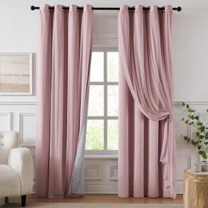 100% Blackout Curtains for Bedroom, Double Layer Pink Curtains, Black Out Curtain 63 inch Long with Sheer Overlay for Living Room, Room Darkening Window Drapes with Grommet, 52" W x 63" L