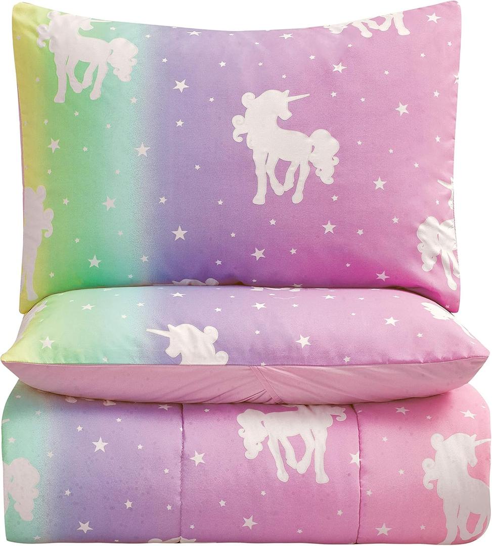 3-Piece Unicorn and Stars Glow in The Dark Comforter Set, with 1 Full Bed Size Comforter and 2 Standard Pillowcases, Rainbow Colors, Pink, Multicolored, for Kids, Full
