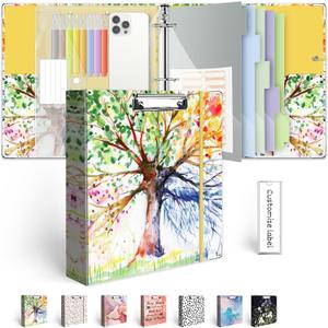 2 Inch 3 Ring Binder Organizer, Three Ring Binder with Clipboard, 5-Tabs Pockets Dividers, Transparent Folder, 18 Divider Stikers, BVSSX Decorative Binders for Letter Size 8.5"x11" Paper (Seasons Tree)