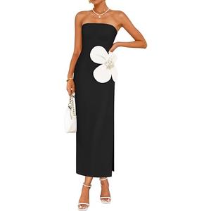 ZESICA Womens Summer Cocktail Strapless Maxi Dress 2026 Formal Bodycon Backless Floral Tube Wedding Guest Party Long Dresses (Black, M)