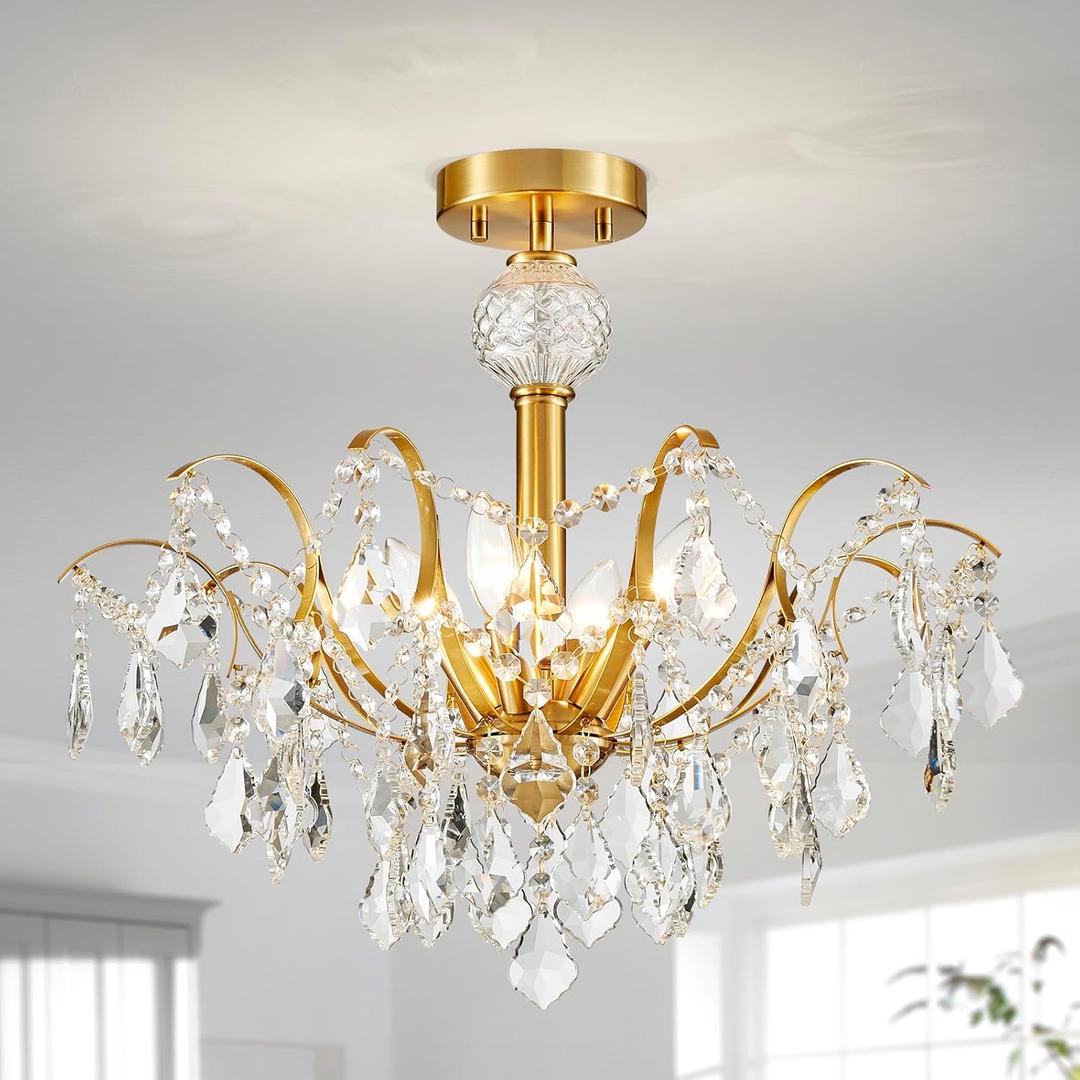 AGV LIGHTING K9 Crystal Ceiling Light Fixture, Close to Ceiling Chandelier, Flushmount Mid-Century Modern Design, 6-Lights, D20 x H20 in, Perfect for Living Room, Clear Crystal & Gold Finish Frame