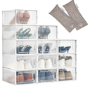 HomeBuddy Shoe Organizer Box - 12 Pack Shoe Box, Stackable Sneaker Storage, Sturdy Shoe Containers with Back Ventilation, Clear Shoe Boxes - Bamboo Charcoal Deodorizers Included, 3 Packs