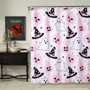 Cute Halloween Fabric Shower Curtain Aesthetic Funky Bathroom Decorations, Colorful Fun Scary Jack Pumpkins Ghost Witch Hats Gothic Halloween Fall Girls Kids Shower Curtain Set with Hooks (White)