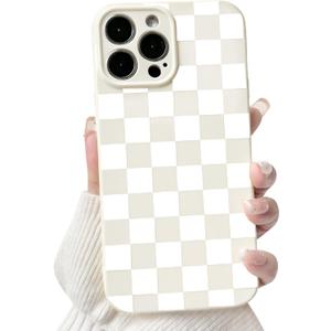 NITITOP Compatible with iPhone 15 Pro Max Case Cute Aesthetic Checkerboard Checkered Pattern for Women Girl Trendy Slim Fit TPU Silicone Shockproof Full Camera Protection Cover - White