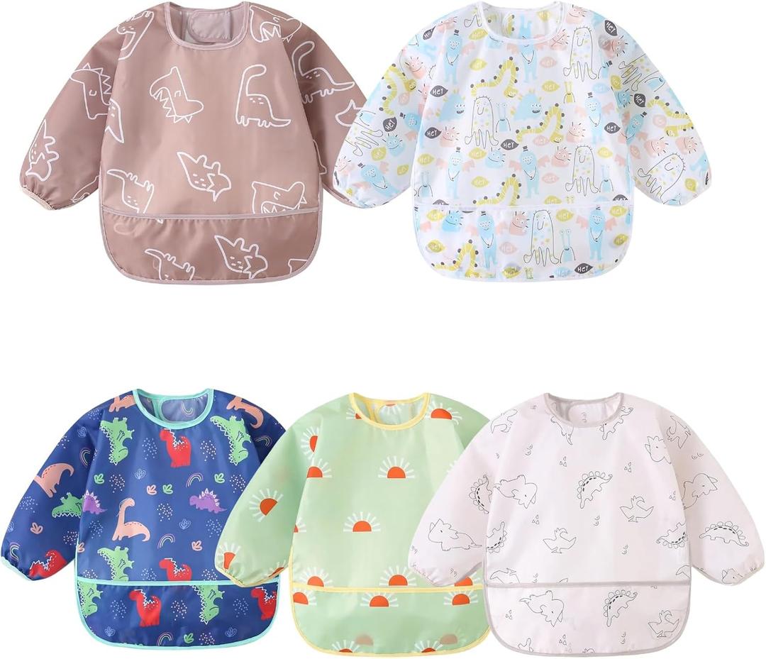 Hafftnun Long Sleeved Bibs, 5 PCS Waterproof Wearable Bibs with Sleeves, Baby Feeding Smock 6-30 Months (5 Pcs Set A)